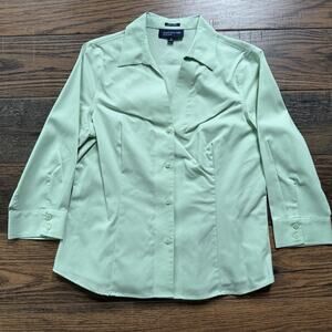Jones New York Signature Button Up Shirt Green 3/4 Sleeve Easy Care Blouse M